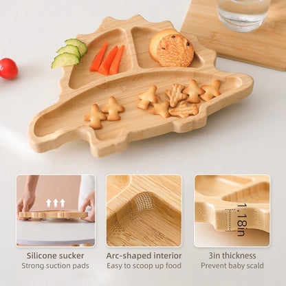 Bamboo Baby Feeding Tableware Set with Silicone Suction Cups – Kid-Friendly Dinosaur Dinner Plate, Bowl, Fork, Spoon, and Cup