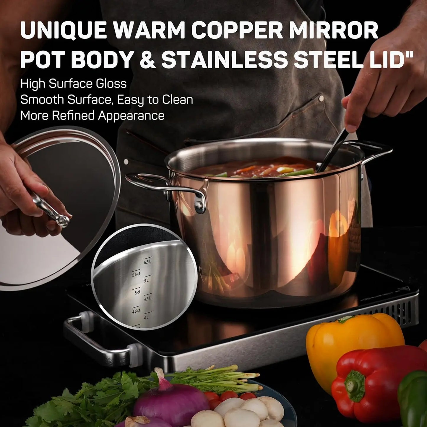 10-Piece Copper Tri-Ply Stainless Steel Cookware Set – Pots & Pans with Lids, Induction & Oven Safe