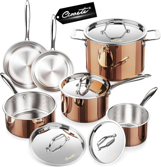 10-Piece Copper Tri-Ply Stainless Steel Cookware Set – Pots & Pans with Lids, Induction & Oven Safe