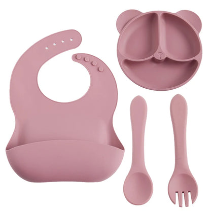 4PCS Baby Silicone Divided Plate Set – Bear Face Plate with Suction, Waterproof Bibs, Spoon & Fork Feeding Tableware for Toddlers