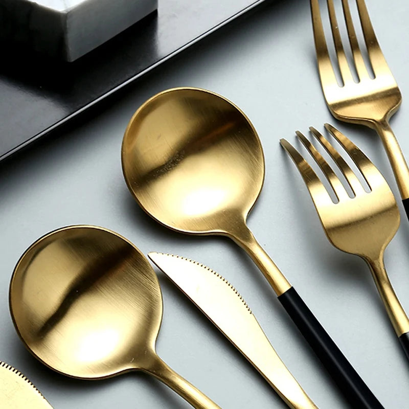 24-Piece Stainless Steel Dinnerware Set – Elegant Black & Gold Cutlery Set