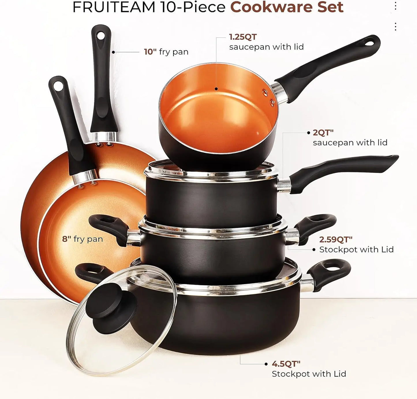 FRUITEAM 10-Piece Ceramic Non-Stick Cookware Set with Stockpot, Milk Pot, Frying Pan, and Copper Aluminum Lids