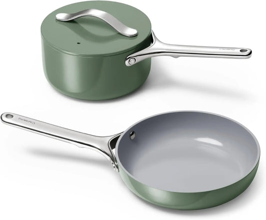 Caraway Mini Cookware Set - Non-Stick Ceramic Fry Pan (1.05 qt, 8") Sauce Pan (1.75 qt) & Storage Rack - Non Toxic, PTFE & PFOA