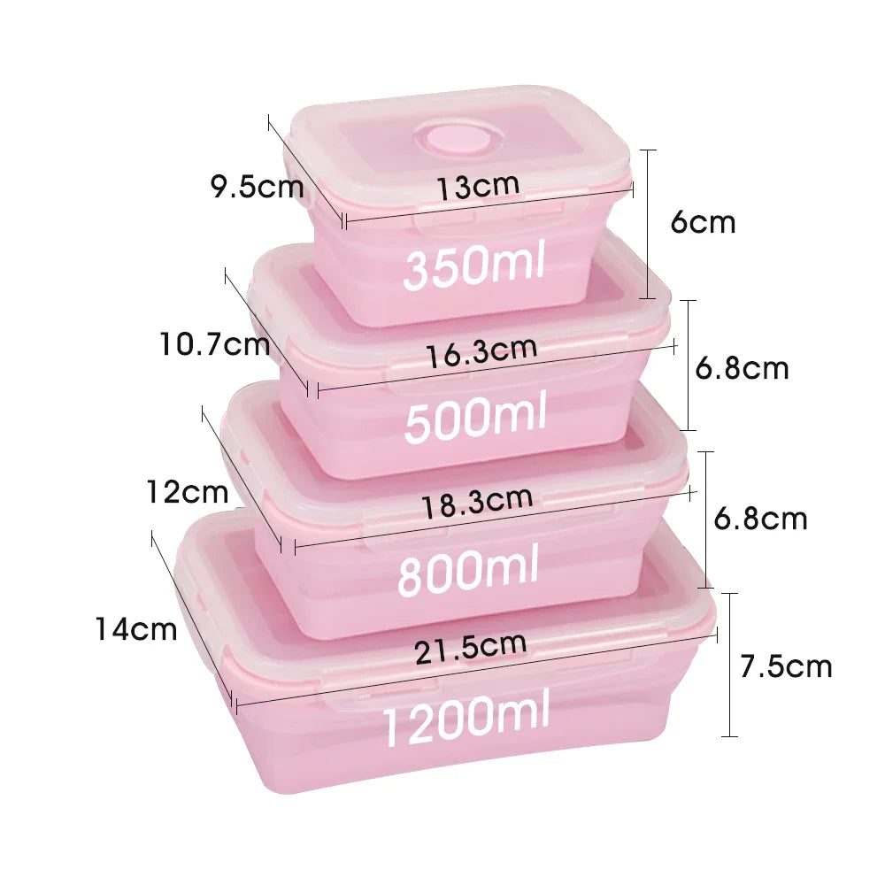 Collapsible Silicone Rectangle Lunch Box Set (4-Piece) – Bento Box Food Storage Containers (300/500/800/1200ml)