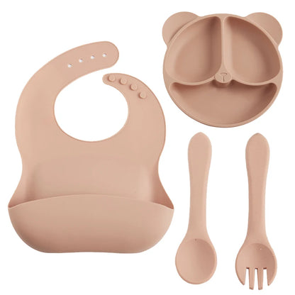 4PCS Baby Silicone Divided Plate Set – Bear Face Plate with Suction, Waterproof Bibs, Spoon & Fork Feeding Tableware for Toddlers