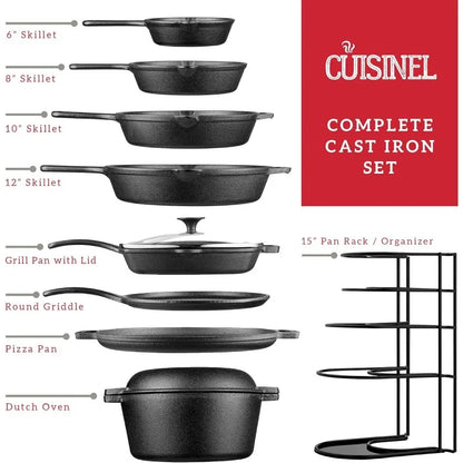 17-Piece Cast Iron Cookware Set – Pre-Seasoned Skillet, Grill Pan, Griddle, Pizza Pan, Dutch Oven with Lid, Pan Cover, Pan Rack, and Silicone Accessories