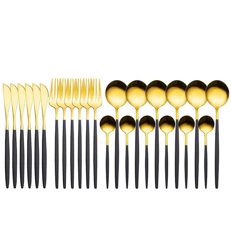 24-Piece Stainless Steel Dinnerware Set – Elegant Black & Gold Cutlery Set