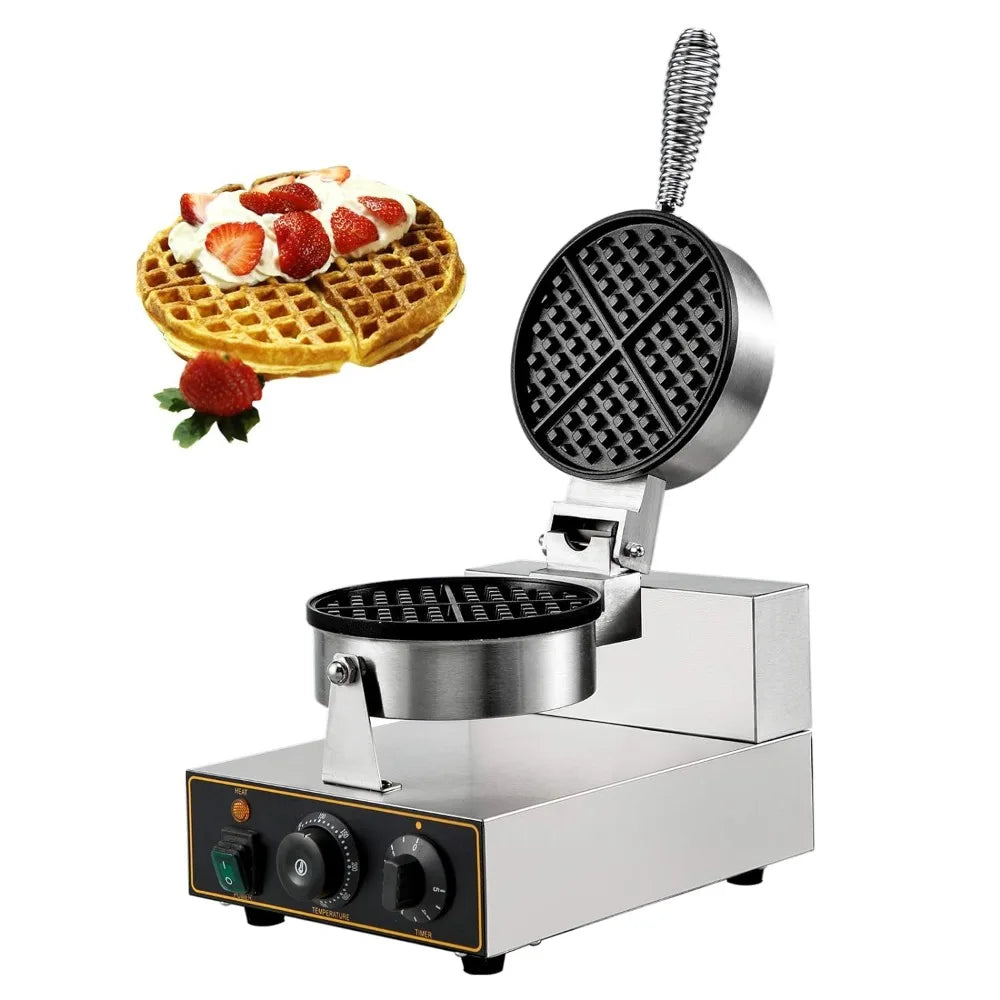 Commercial Round Waffle Maker Nonstick 1100W Stainless Steel 110V Temperature and Time Control, Suitable Bar Family, Non-rotated