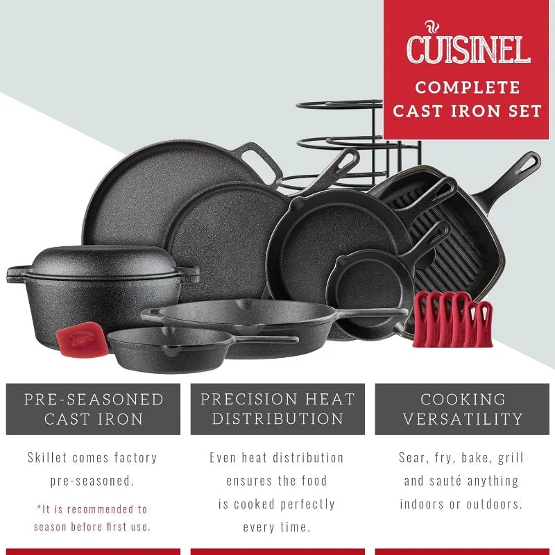 17-Piece Cast Iron Cookware Set – Pre-Seasoned Skillet, Grill Pan, Griddle, Pizza Pan, Dutch Oven with Lid, Pan Cover, Pan Rack, and Silicone Accessories