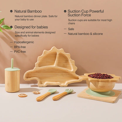Bamboo Baby Feeding Tableware Set with Silicone Suction Cups – Kid-Friendly Dinosaur Dinner Plate, Bowl, Fork, Spoon, and Cup