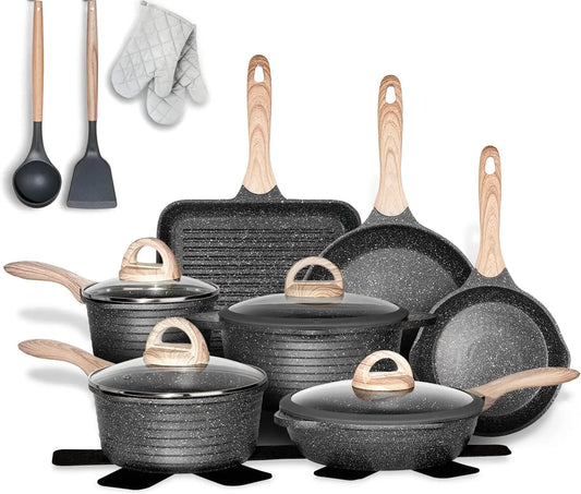 20-Piece Nonstick Granite-Coated Cookware Set – Induction-Compatible Frying Pans, Saucepans, Grill, and Cooking Pots