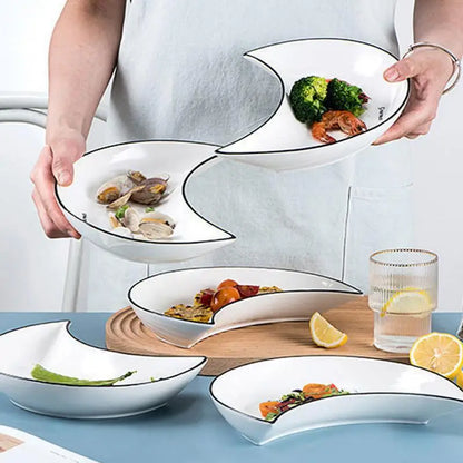 5-Piece Moon-Shaped Ceramic Dinner Plate Set – Elegant Serving Dishes