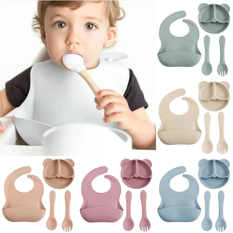 4PCS Baby Silicone Divided Plate Set – Bear Face Plate with Suction, Waterproof Bibs, Spoon & Fork Feeding Tableware for Toddlers