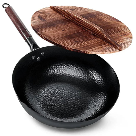 12.6 in Carbon Steel Wok Pan Stir-Fry Set with Wooden Lid – Non-Stick Flat Bottom Frying Pan for Electric, Induction, and Gas Stoves