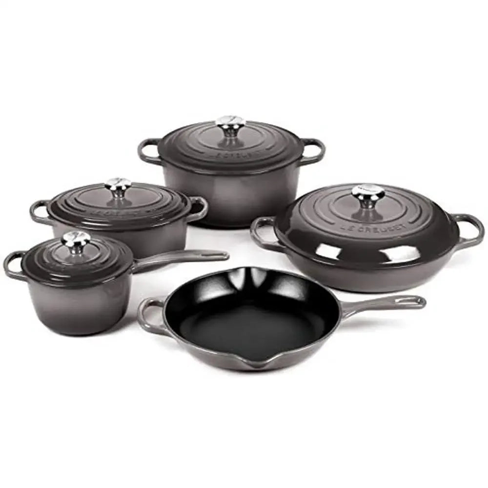 Le Creuset 9-Piece Cast Iron Cookware Set – Saucepan, Oval Dutch Oven, Braiser, Round Dutch Oven, and Iron Handle Skillet with Even Heat Distribution