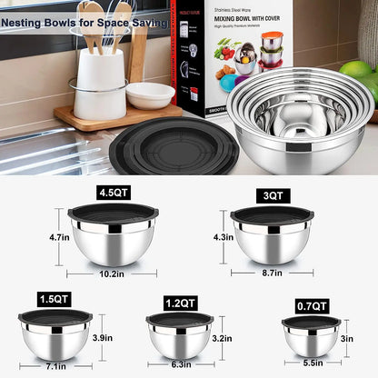 5-Piece Stainless Steel Mixing Bowl Set with Airtight Lids | Heavy-Duty Nesting Bowls for Baking and Serving