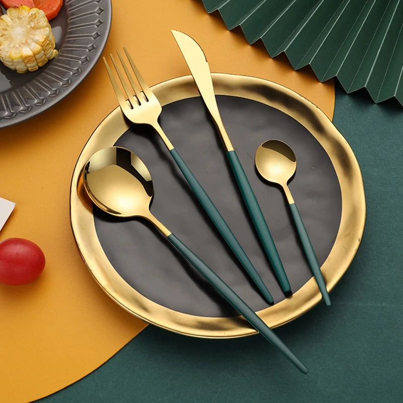 24-Piece Stainless Steel Dinnerware Set – Elegant Black & Gold Cutlery Set