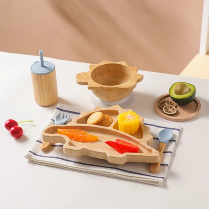 Bamboo Baby Feeding Tableware Set with Silicone Suction Cups – Kid-Friendly Dinosaur Dinner Plate, Bowl, Fork, Spoon, and Cup