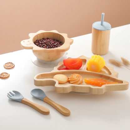 Bamboo Baby Feeding Tableware Set with Silicone Suction Cups – Kid-Friendly Dinosaur Dinner Plate, Bowl, Fork, Spoon, and Cup