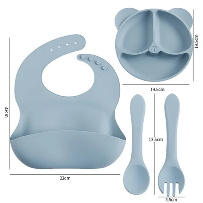 4PCS Baby Silicone Divided Plate Set – Bear Face Plate with Suction, Waterproof Bibs, Spoon & Fork Feeding Tableware for Toddlers