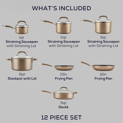 12-Piece Circulon Premier Hard Anodized Aluminum Nonstick Cookware Set, Induction Safe, Bronze