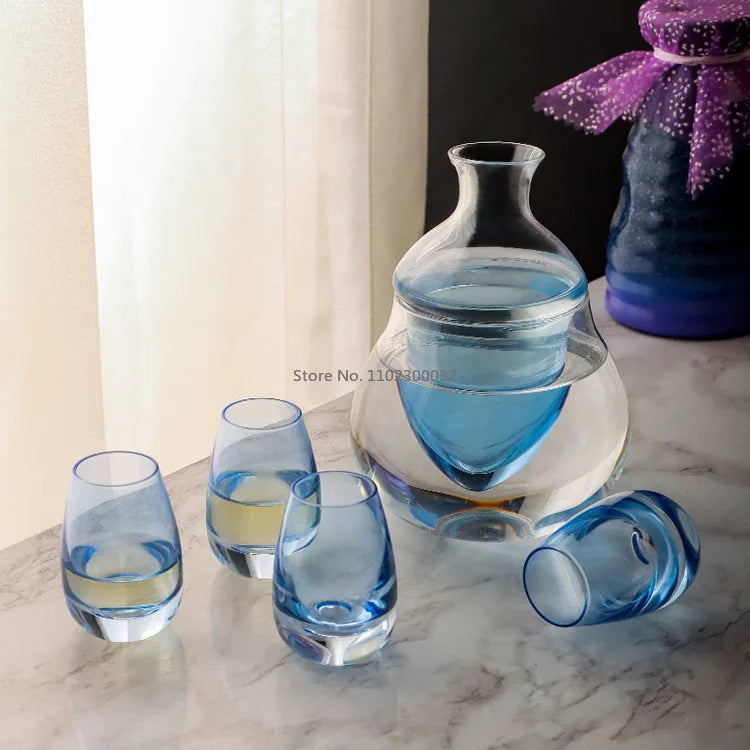 Peacock Blue Japanese Sake Set – Crystal Sake Jug & Glasses