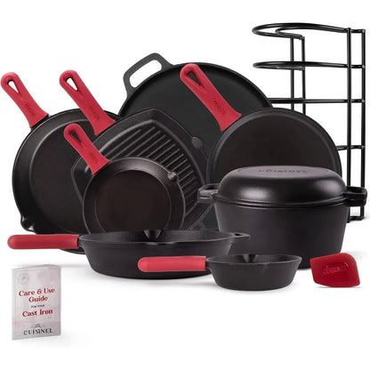 17-Piece Cast Iron Cookware Set – Pre-Seasoned Skillet, Grill Pan, Griddle, Pizza Pan, Dutch Oven with Lid, Pan Cover, Pan Rack, and Silicone Accessories