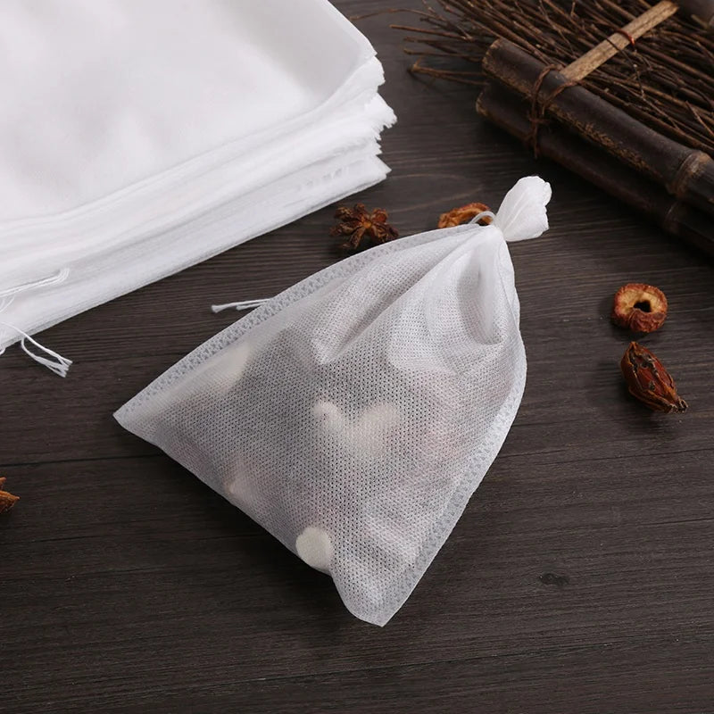 100-Piece Disposable Tea Bag Filter Bags with Drawstring Closure | Food-Grade Non-Woven Spice & Herbal Filters