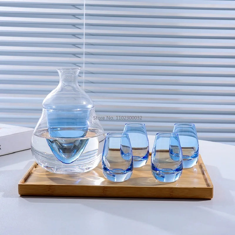 Peacock Blue Japanese Sake Set – Crystal Sake Jug & Glasses