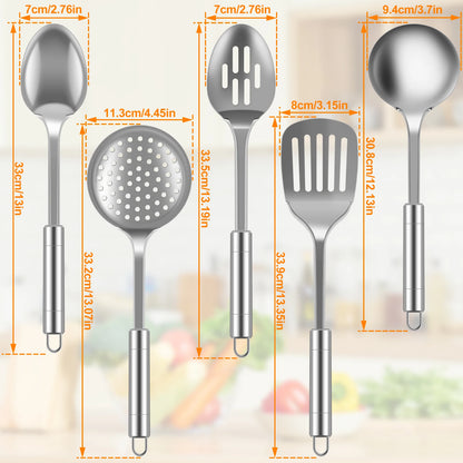 5-Piece Stainless Steel Kitchen Cooking Utensils Set | Heavy-Duty Reusable Spoons, Spatula, and Strainer